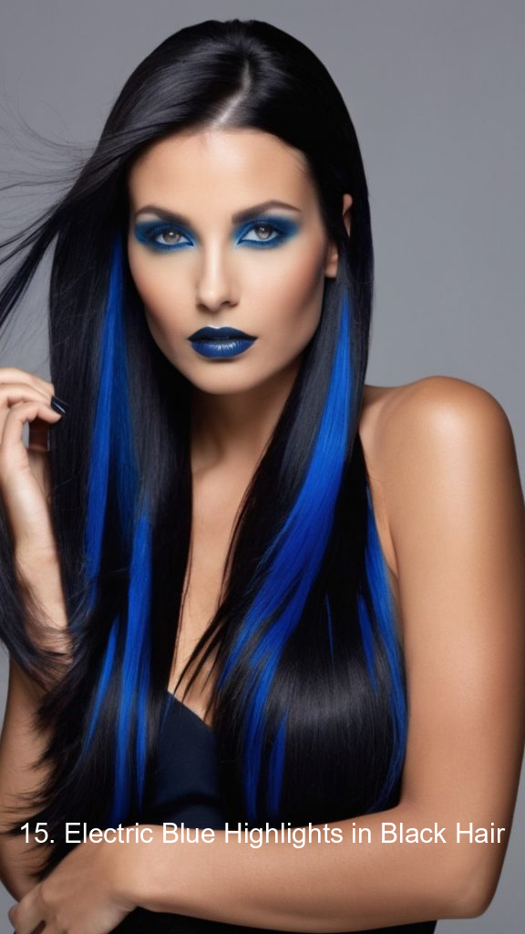 15. Electric Blue Highlights in Black Hair